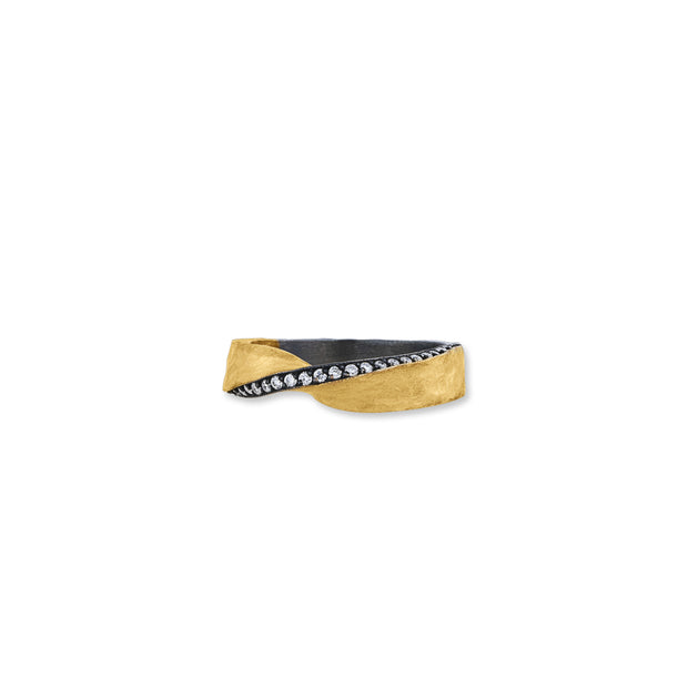 24K Yellow Gold and Oxidized Silver Twist Diamond Ring