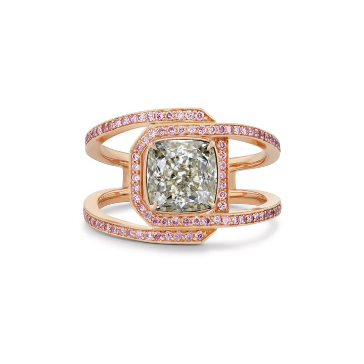 18K Rose Gold Cushion Fancy Light Grayish Greenish Yellow and Pink Diamond Ring