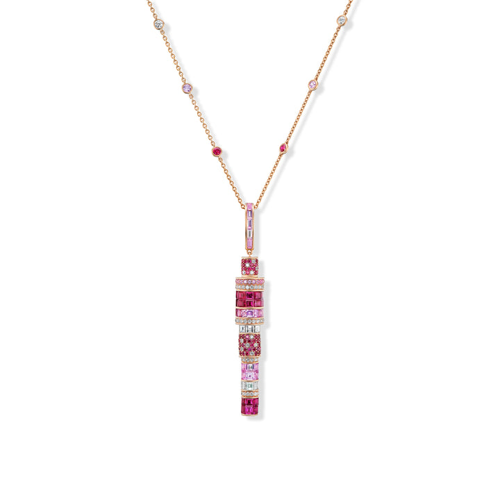 18K Rose Gold Kryptonite Pendant Necklace with Square and Round Rubies, Pink Sapphires and Diamonds