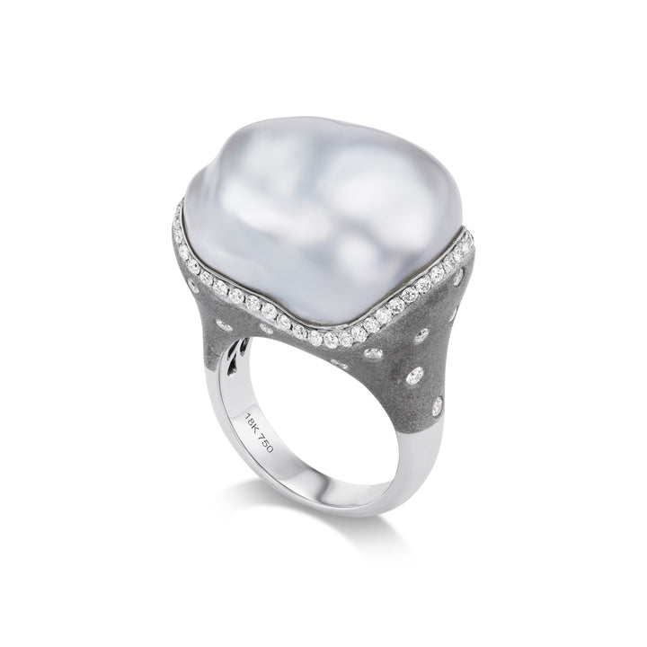 18K White Gold,  White South Sea Pearl &  Diamond Ring
