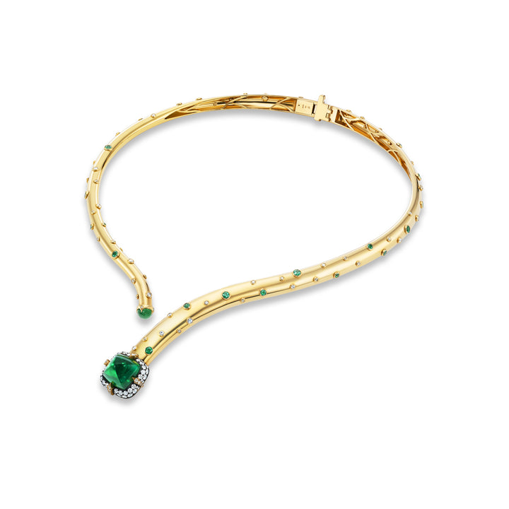 18K Yellow Gold Open Choker with Sugarloaf Emerald,  Cabochon Emerald,  Round Emeralds & Diamonds