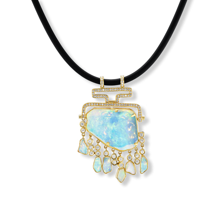 18K Yellow Gold, White Opal and Diamond Pendant