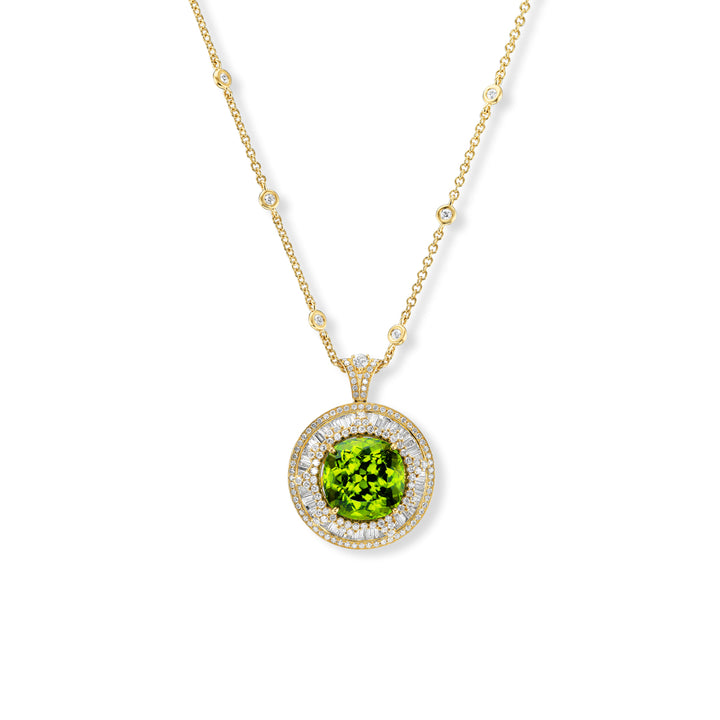 18K Yellow Gold Pendant with  Pakistani Peridot,  Baguette and Round Diamonds
