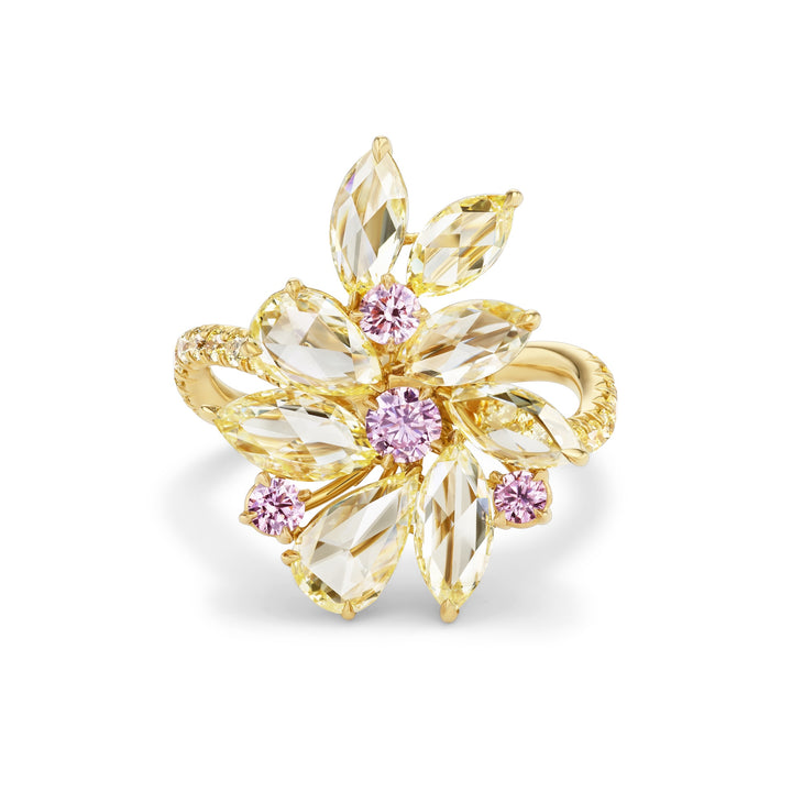 18K Yellow Gold, Rose Cut Fancy Yellow, Pink & Yellow Diamond Ring