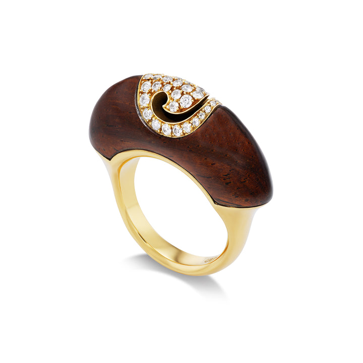 18K Yellow Gold Ring with Juniper Rosewood and Diamonds