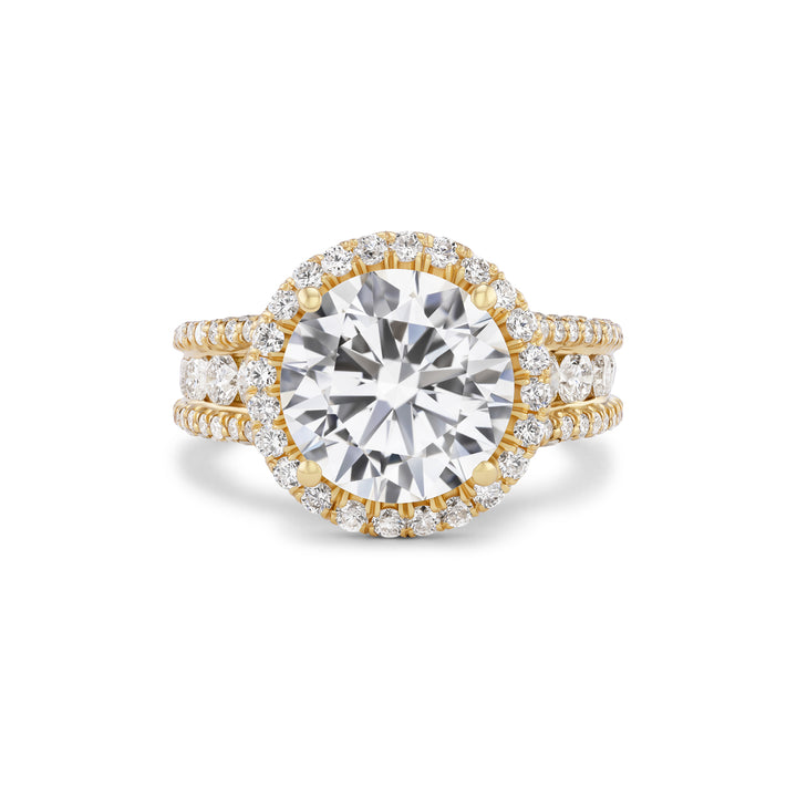 18K Yellow Gold Loud Engagement Ring with 5.01 carat LG Round Diamond Center, Diamond Halo & three rows of Pave and Channel Set Diamonds