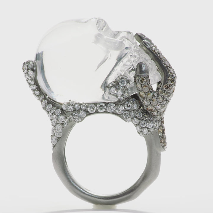 18K Black Gold White Crystal Skull Diamond Ring