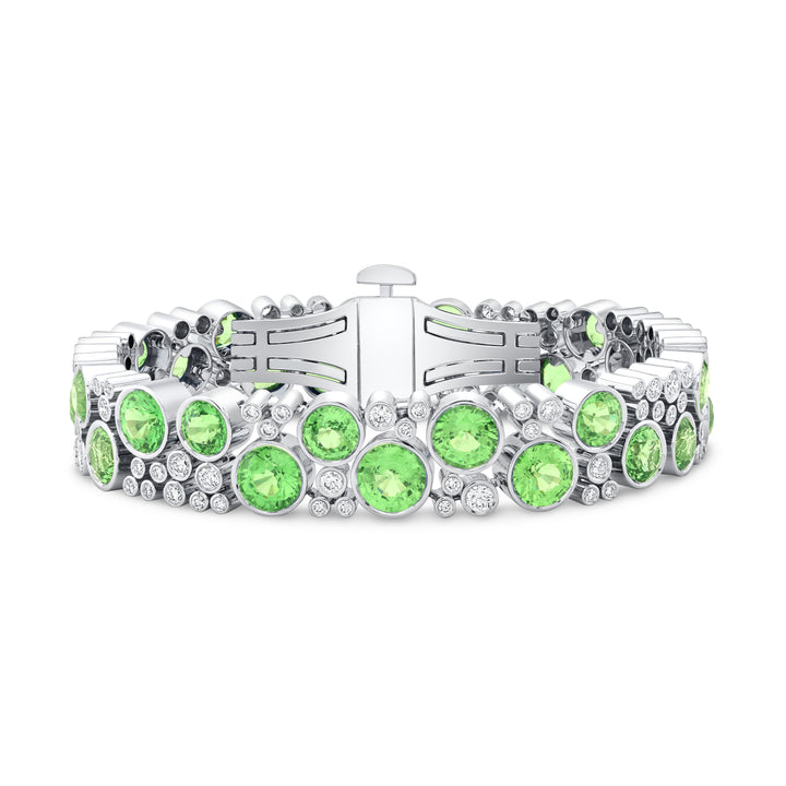 18K White Gold Grand De La Vie Bracelet with Round Tsavorite Garnets and Round Brilliant Cut Diamonds
