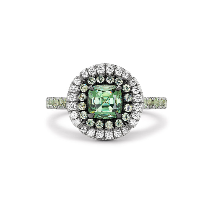 Platinum with Black Rhodium "Duet" Ring with Cushion Shaped Demantoid Garnet,  Demantoid Garnet Halo & Band
