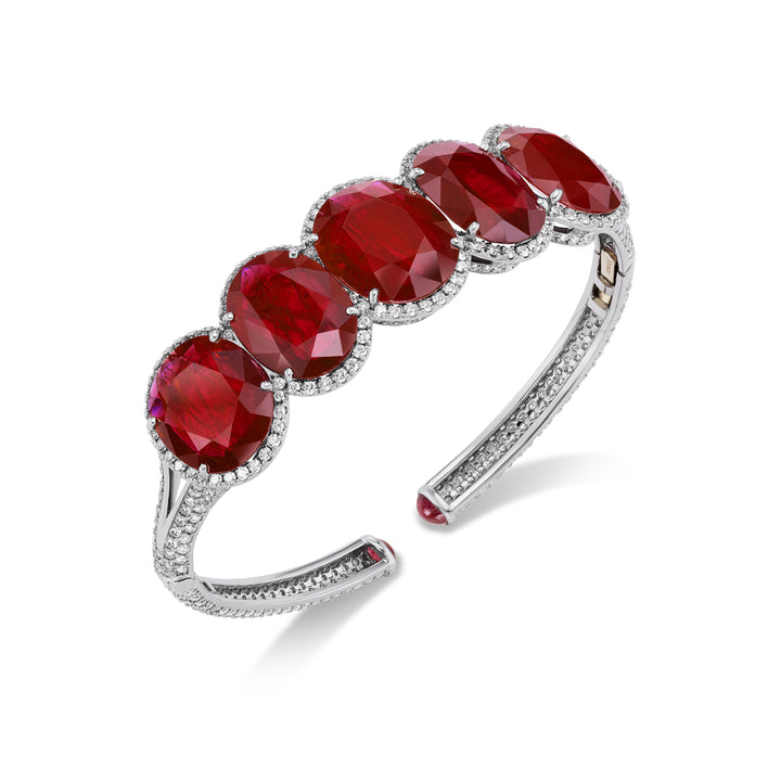 Platinum Bayco Hinged Cuff with Five Oval Rubies and Diamonds