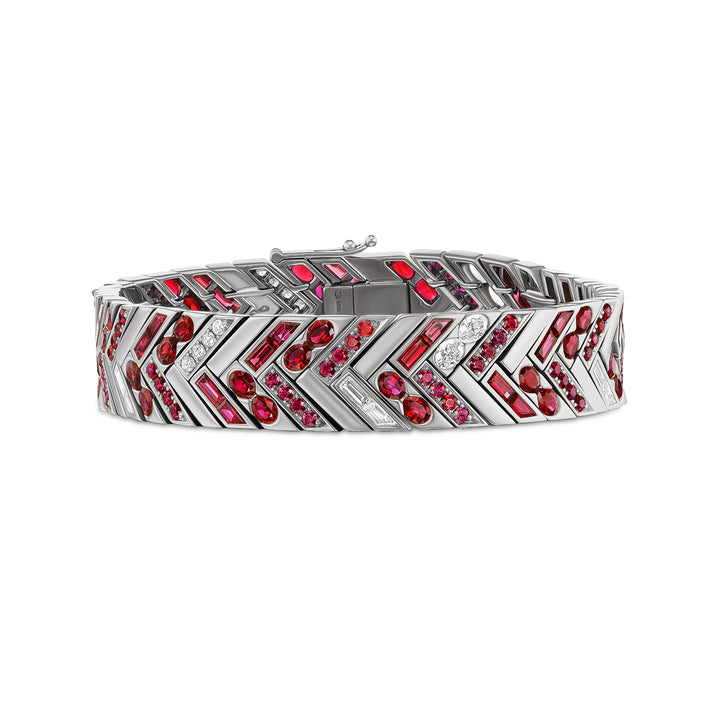 Platinum Masterpiece Chevron Chic Bracelet with Mixed Cut Rubies and Diamonds