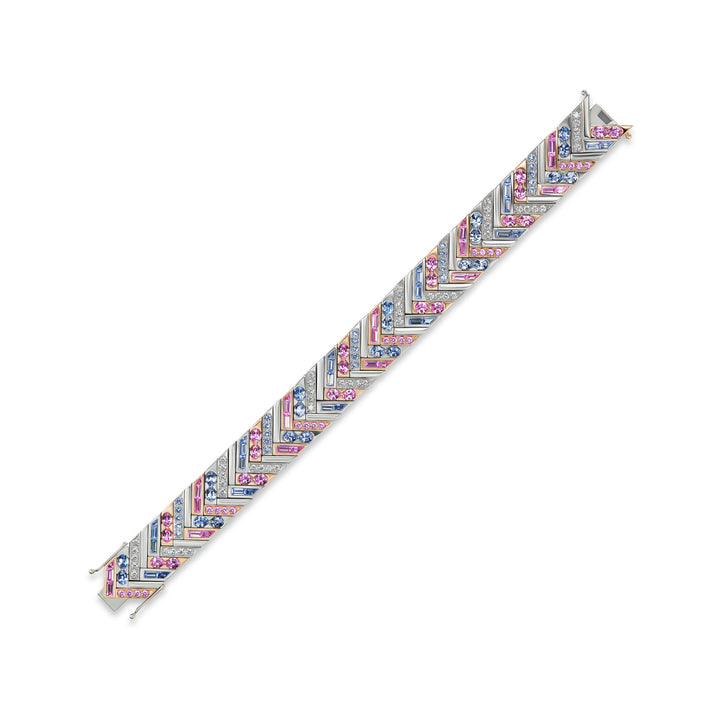 Platinum & 18K Rose Gold Masterpiece Chevron Bracelet with Light Blue and Pink Sapphires and Round Brilliant Cut Diamonds