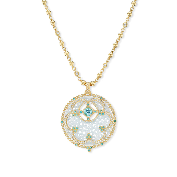 18K Yellow Gold Ice Jade and Paraiba Tourmaline Pendant