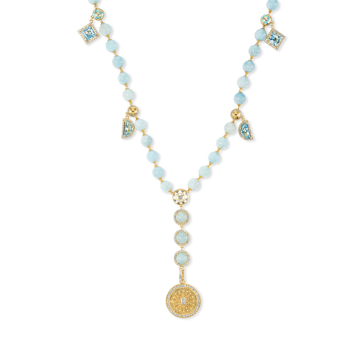 20K Yellow Gold Mandala Aquamarine and Diamond Necklace