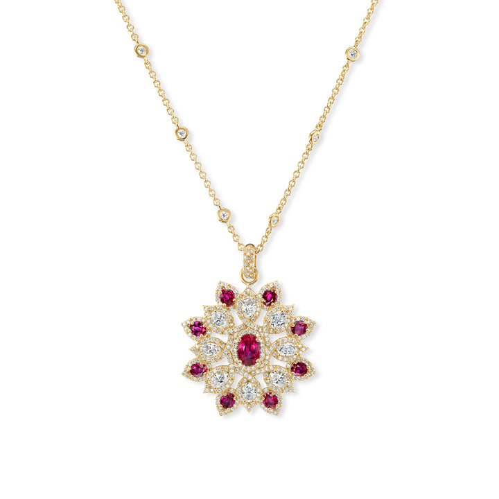 18K Yellow Gold Ruby and Diamond Flower Pendant