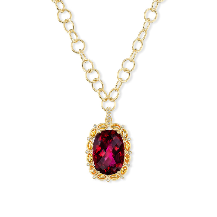 18K Yellow Gold Rubellite and Orange Sapphire Pendant