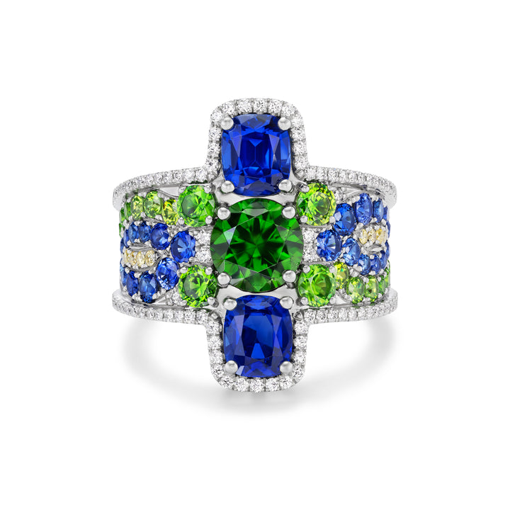Platinum Demantoid Garnet, Cushion Sapphire, Fancy Yellow and White Diamond Ring