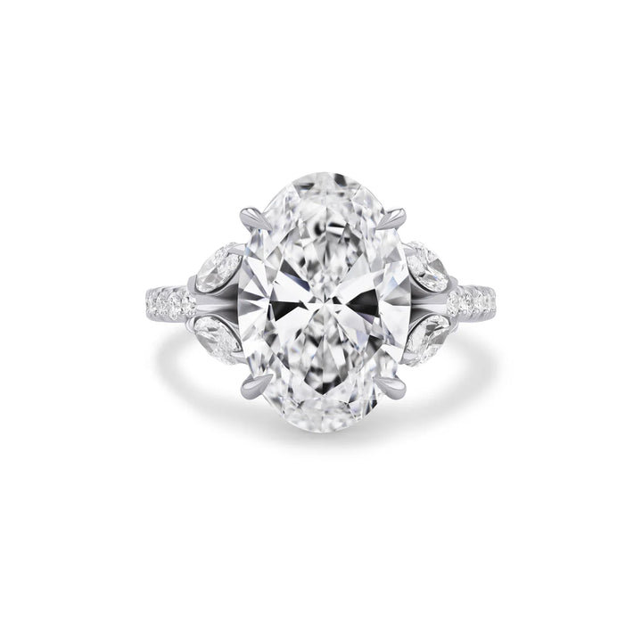 18K White Gold Icon Bridal Ring with 5.0 carat LG Oval Shaped Diamond and  Round & Marquise Natural Diamonds on the Band and Hidden Halo.