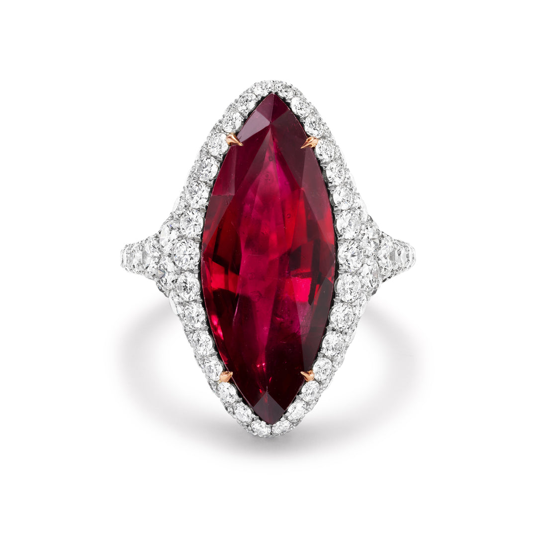 Platinum and 18K Rose Gold Ring with Marquise Ruby and Diamonds