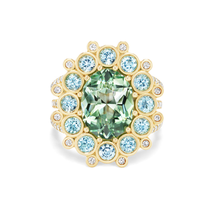 18K Yellow Gold Merelani Mint Garnet, Paraiba Tourmaline and Diamond Cupcake Ring