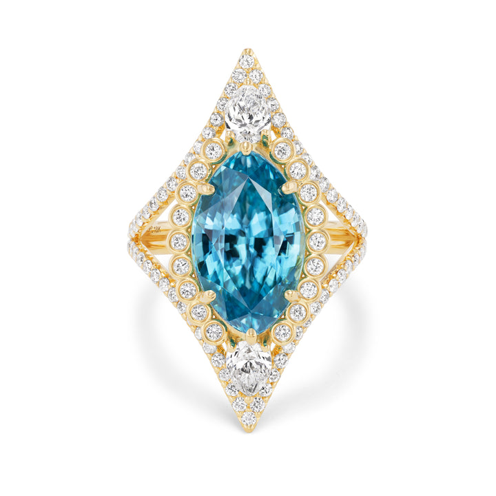 18K Yellow Gold Juno Blue Zircon and Diamond Ring by Erica Countney.