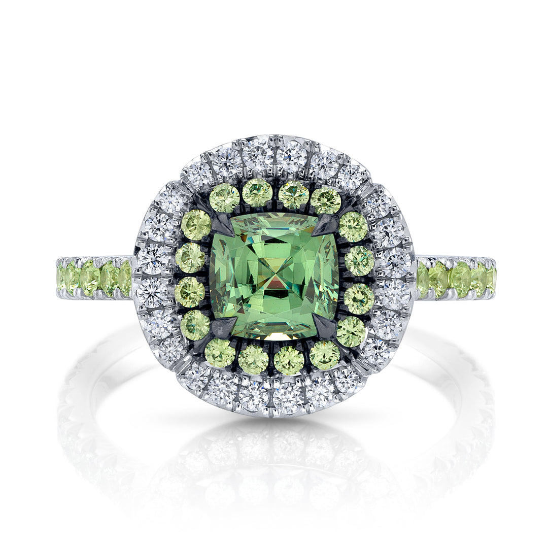 Platinum with Black Rhodium "Duet" Ring with Cushion Shaped Demantoid Garnet,  Demantoid Garnet Halo & Band
