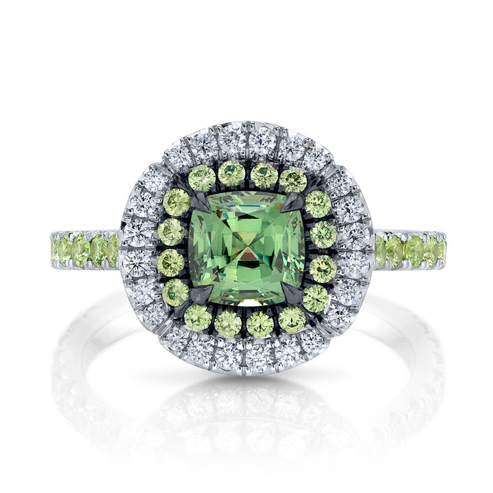 Platinum with Black Rhodium "Duet" Ring with Cushion Shaped Demantoid Garnet,  Demantoid Garnet Halo & Band