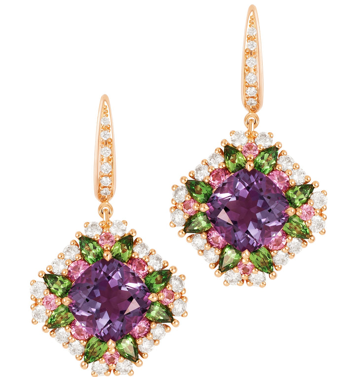 18K Rose Gold Amethyst, Tsavorite, Pink Sapphire and Diamond Earrings