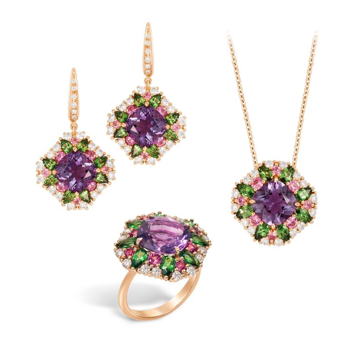 18K Rose Gold Amethyst, Tsavorite, Pink Sapphire and Diamond Earrings