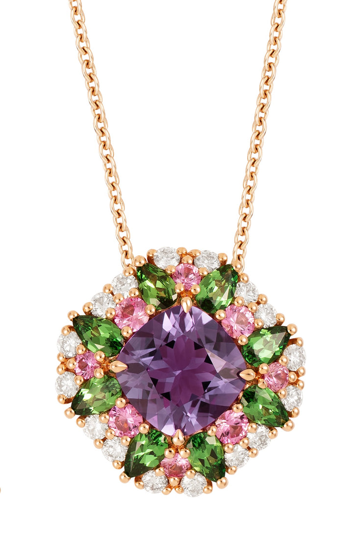 18K Rose Gold Amethyst, Tsavorite, Pink Sapphire and Diamond Necklace