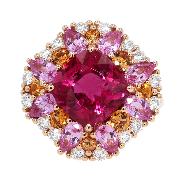 18K Rose Gold Rubellite, Sapphire and Diamond Ring