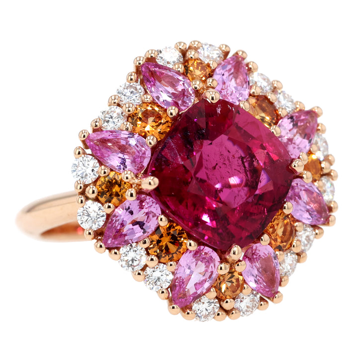 18K Rose Gold Rubellite, Sapphire and Diamond Ring