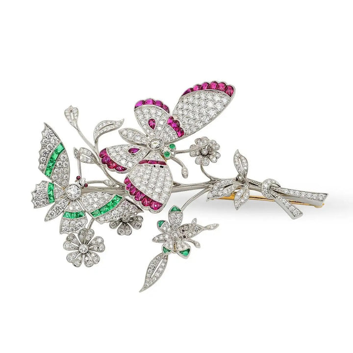 Platinum and 18K Yellow Gold Butterfly Brooch with Diamond, Sapphires and Rubies