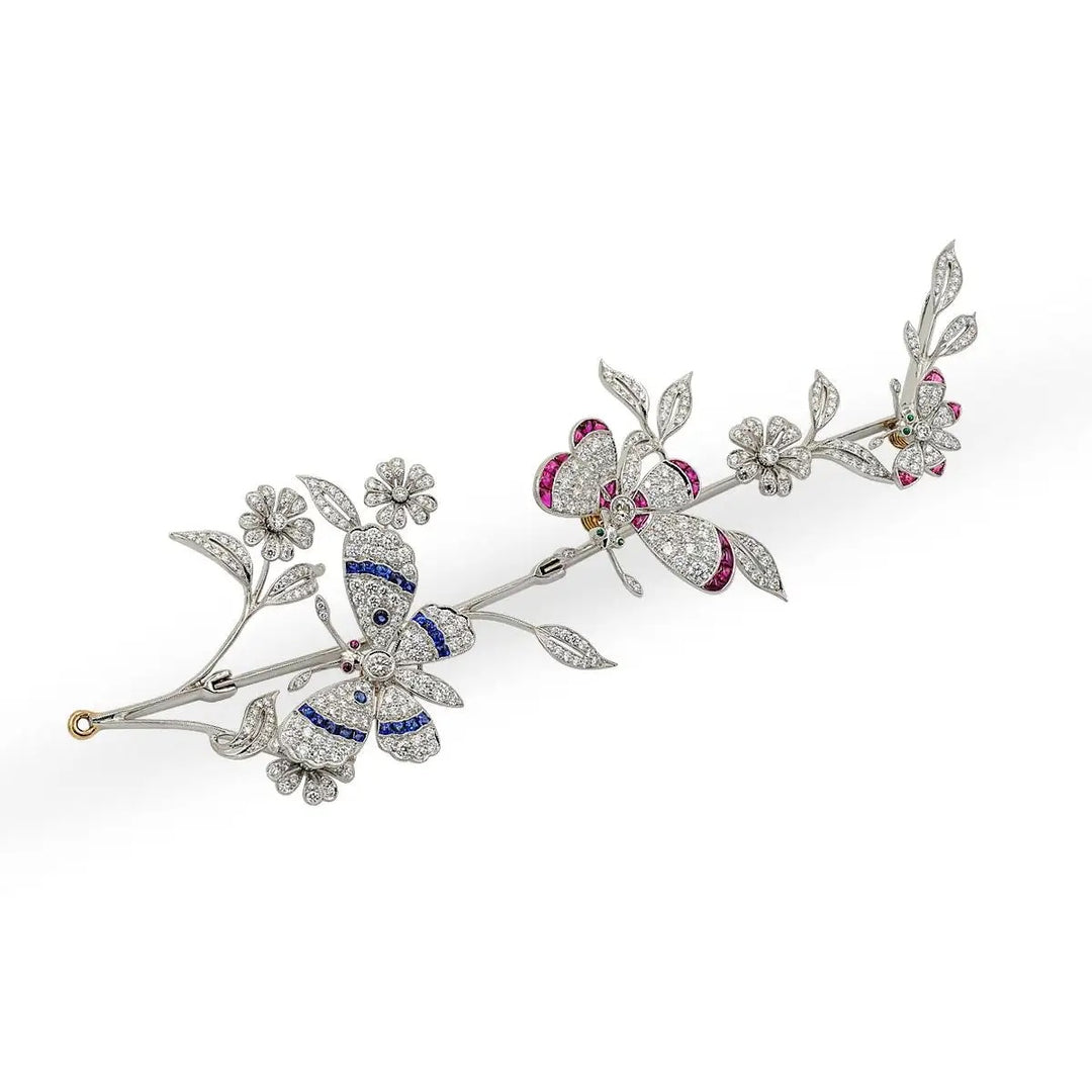 Platinum and 18K Yellow Gold Butterfly Brooch with Diamond, Sapphires and Rubies