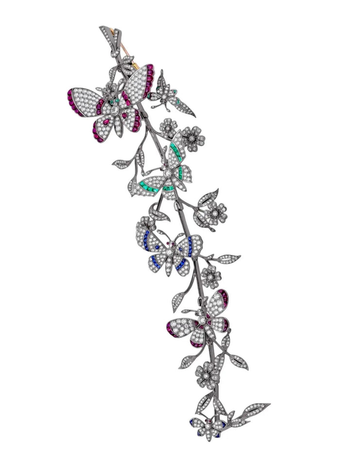 Platinum and 18K Yellow Gold Butterfly Brooch with Diamond, Sapphires and Rubies