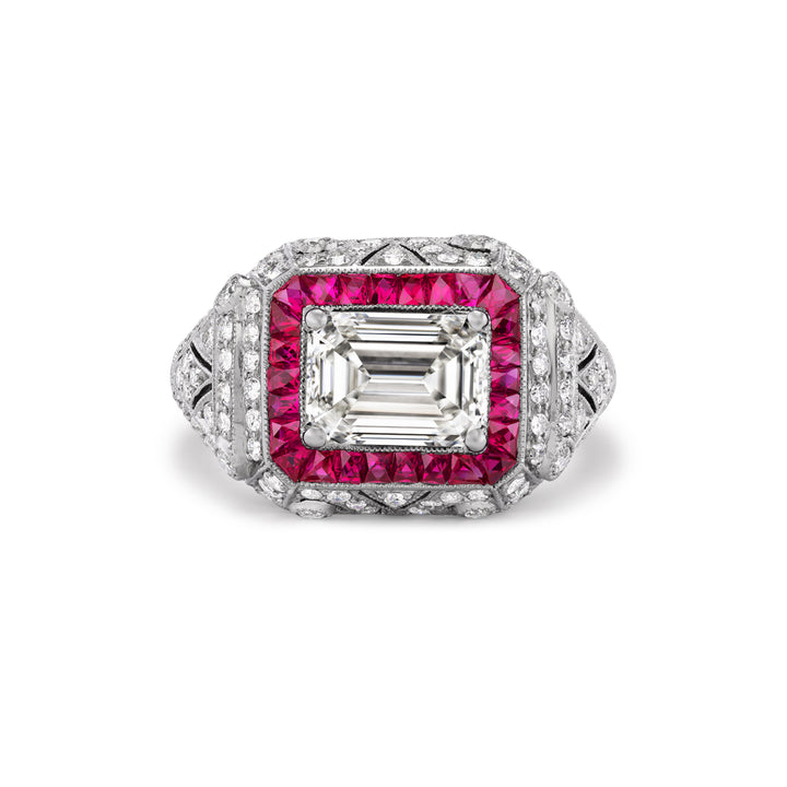 Platinum Vintage Inspired Ring with Emerald Cut Diamond and Rubies