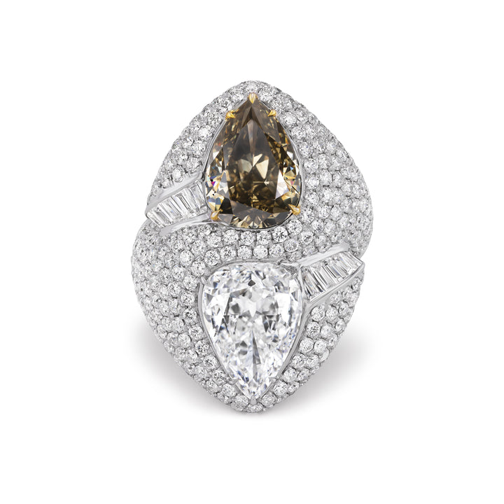 18K White Gold Champagne and White Pear Shaped Diamond Ring