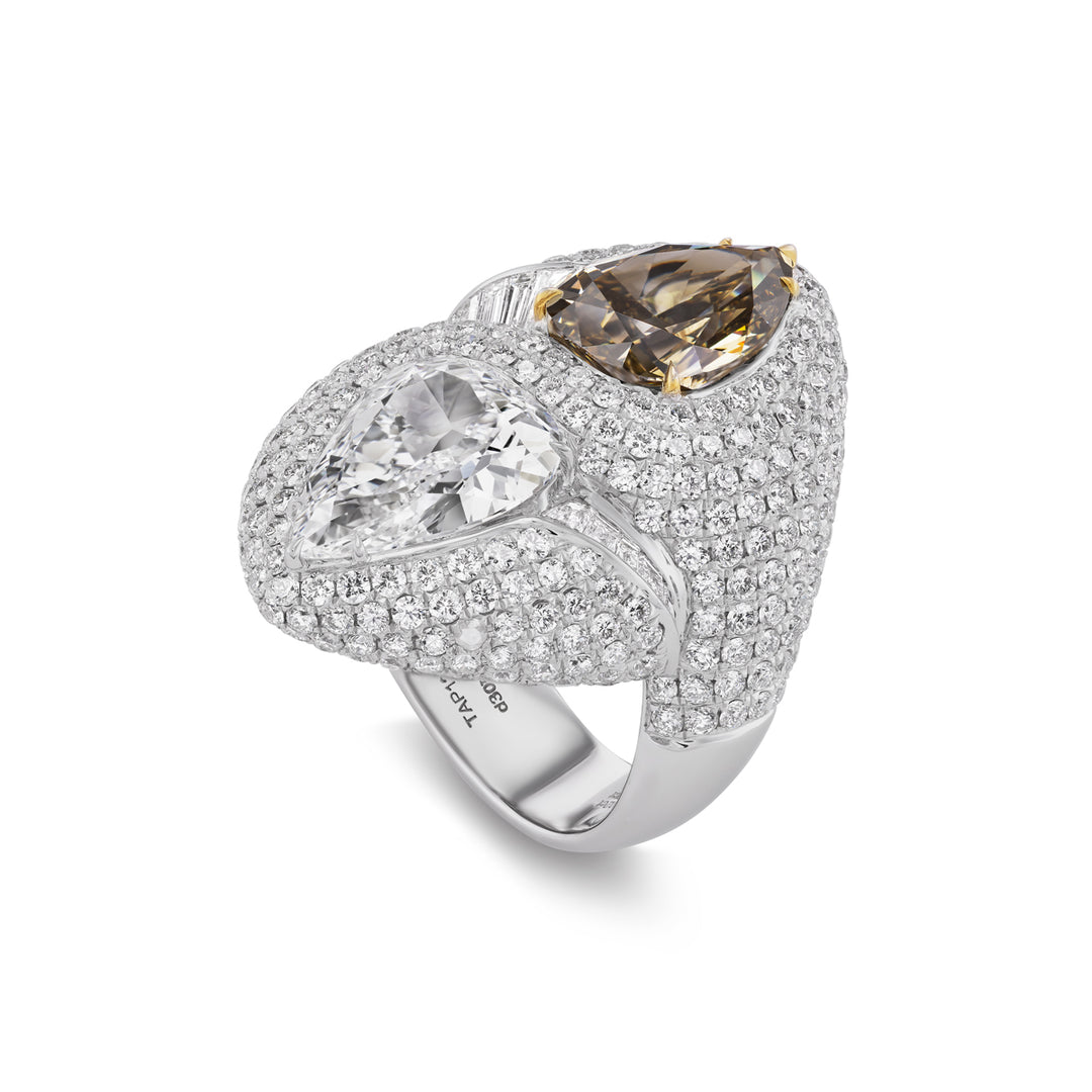 18K White Gold Champagne and White Pear Shaped Diamond Ring