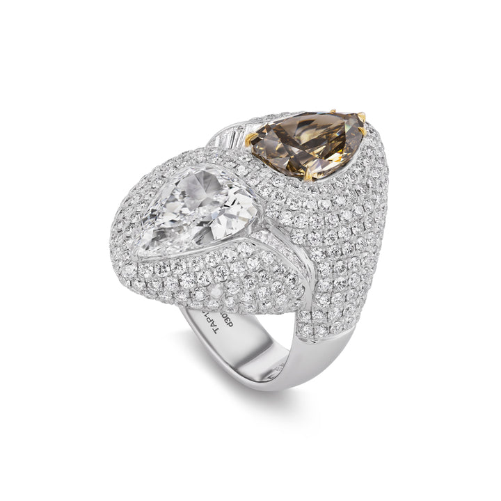 18K White Gold Champagne and White Pear Shaped Diamond Ring