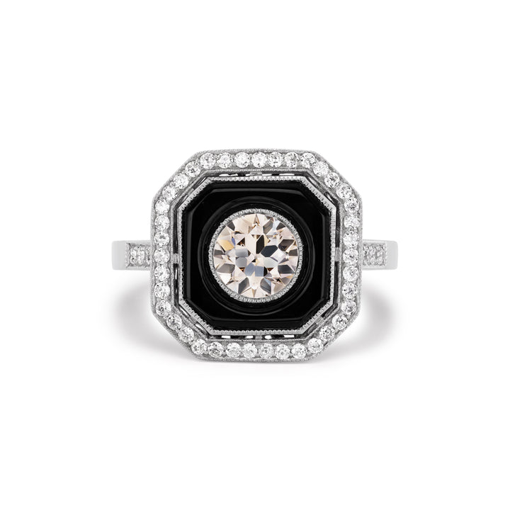 Platinum Art Deco Style Diamond and Black Onyx Ring