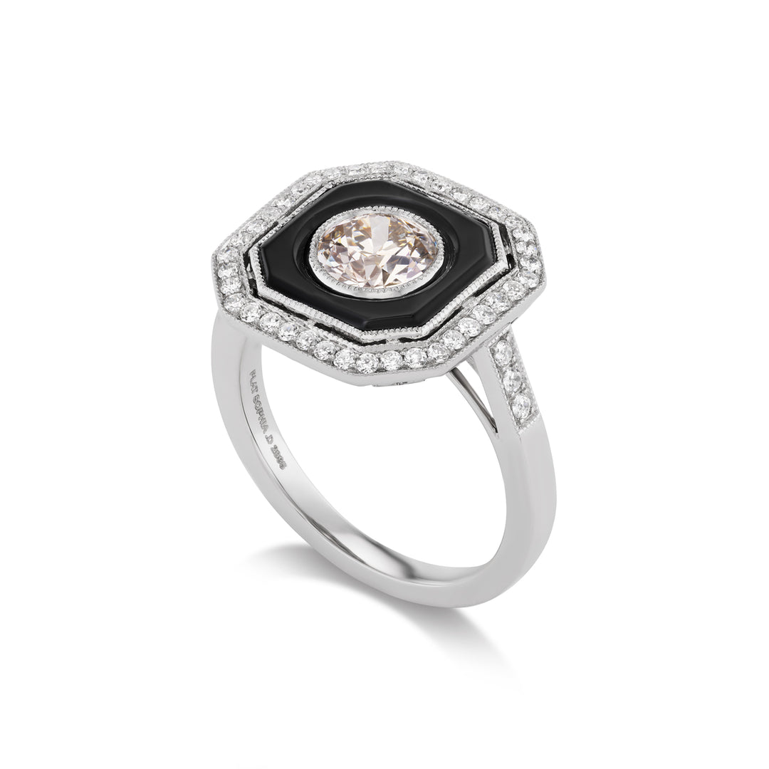 Platinum Art Deco Style Diamond and Black Onyx Ring