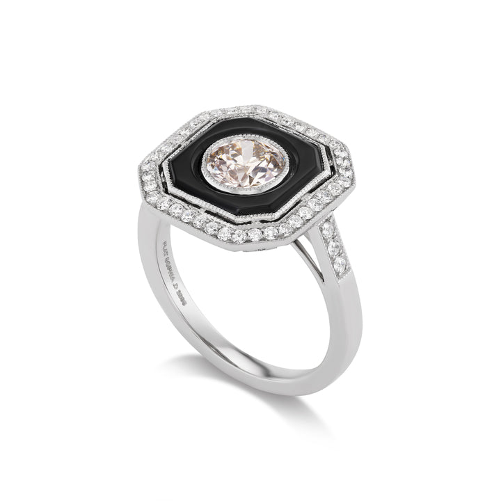 Platinum Art Deco Style Diamond and Black Onyx Ring