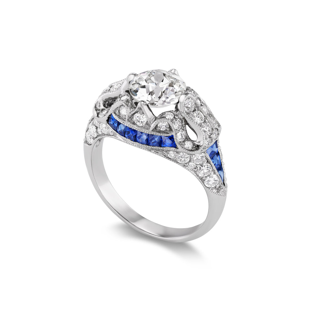 Platinum Art Deco Style Diamond and Sapphire Ring