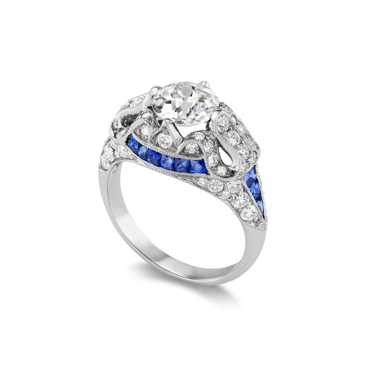 Platinum Art Deco Style Diamond and Sapphire Ring