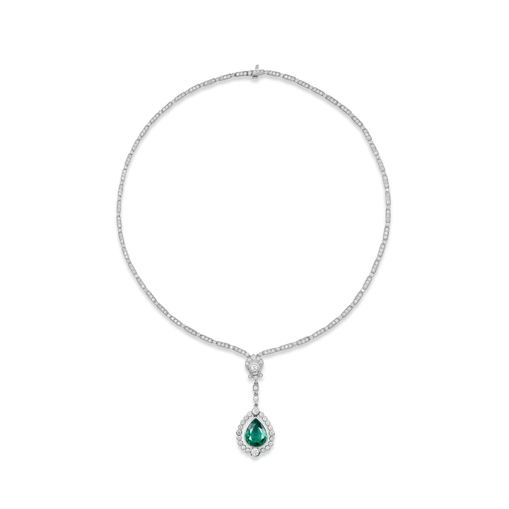 Platinum Emerald and Diamond Drop Necklace