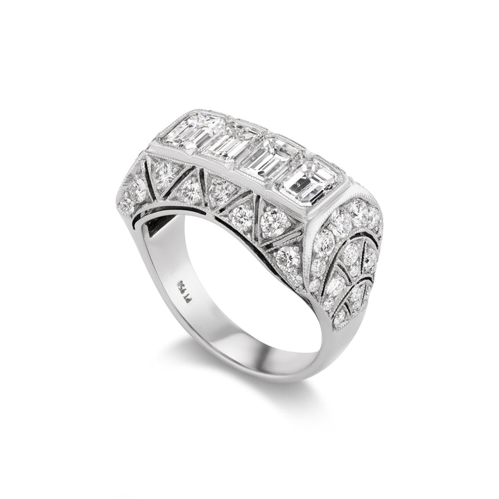 Platinum Vintage Style Ring with Emerald Cut and Round Diamonds