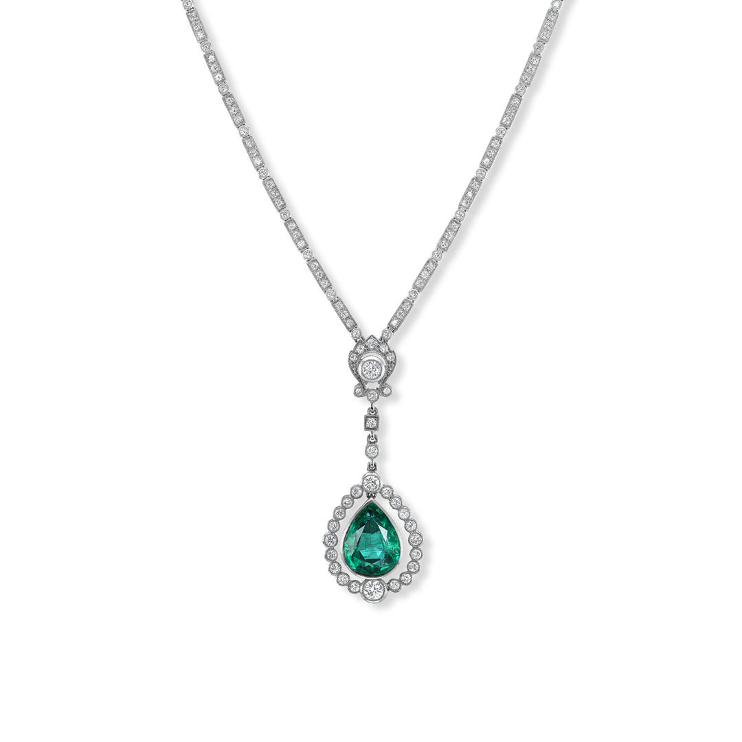 Platinum Emerald and Diamond Drop Necklace