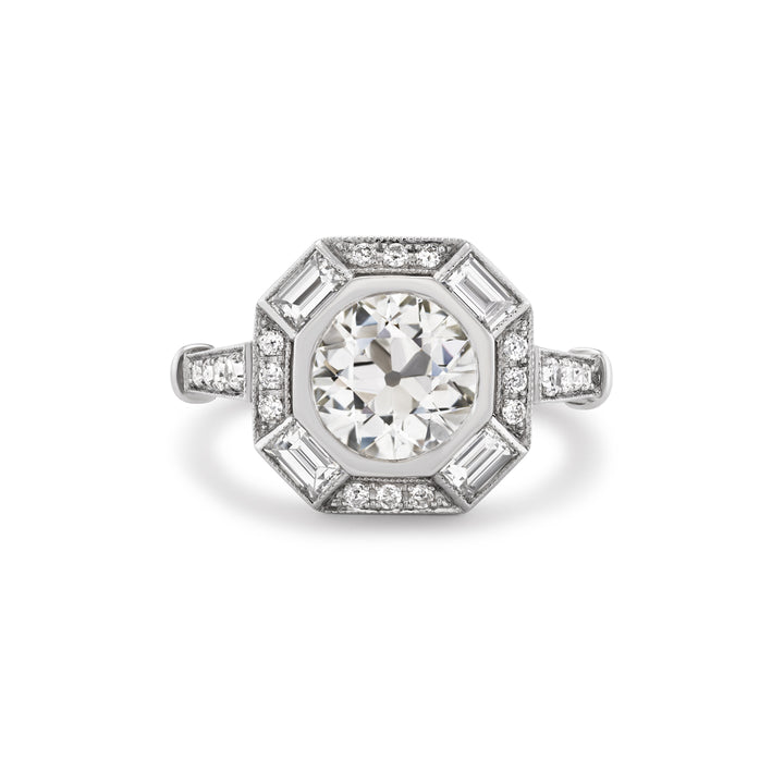 Platinum Art Deco Style Ring with Round and Emerald Cut Diamonds