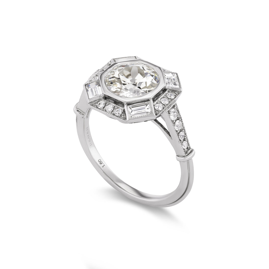 Platinum Art Deco Style Ring with Round and Emerald Cut Diamonds