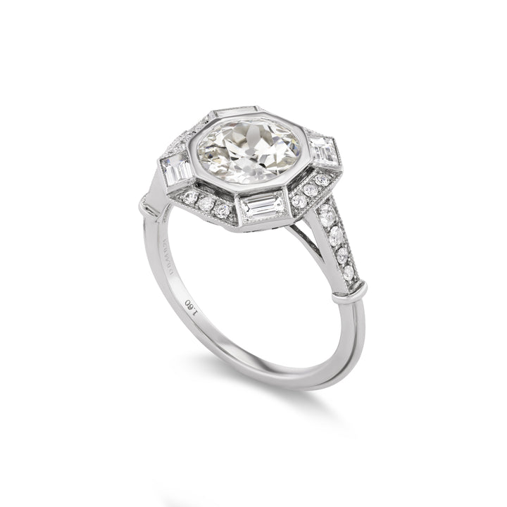 Platinum Art Deco Style Ring with Round and Emerald Cut Diamonds